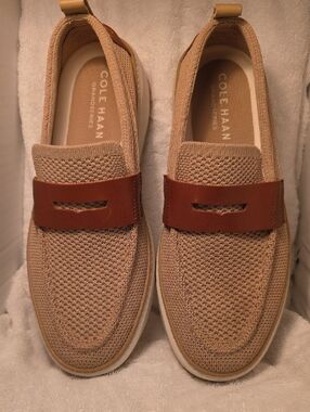 Cole Haan Tan Knit Slip-On Loafers with Brown Leather Strap